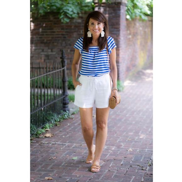 NWT Gibson x Hi Sugarplum  Blue White Striped Ruffle  Short Sleeve Top PetiteXXS - Picture 2 of 5